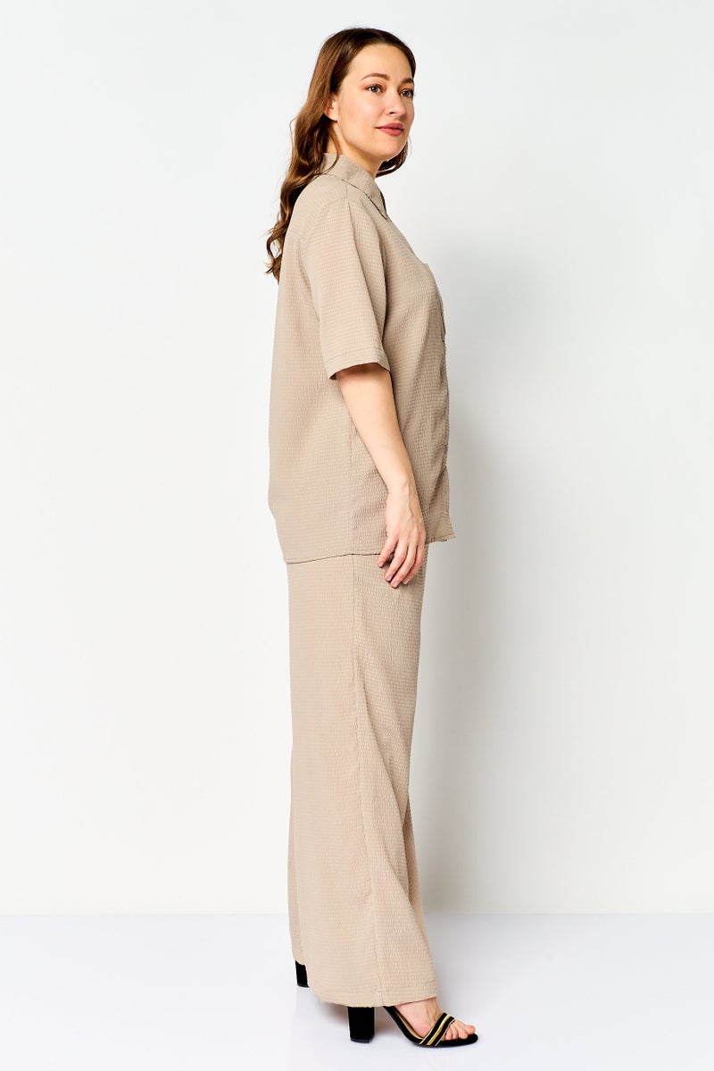 ANNE KLEIN Women 2 Pieces Pointed Collar Short Sleeve Textured Shirt And Palazzo Pants Set, Medium Grey - Image 2